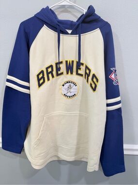 Stitches Cream and Navy Milwaukee Brewers Pullover Hoodie NWT large